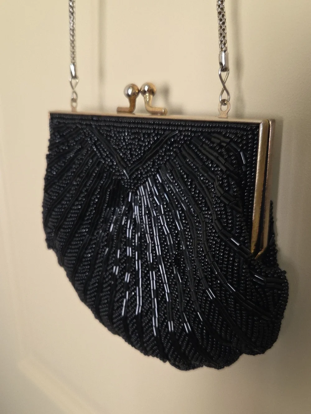 La Regale Vintage 1950's Black Beaded Shell-Style Clutch with Chain